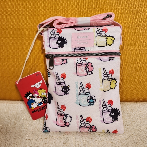 Loungefly Sanrio Hello Kitty And Friends Drinks Pink AOP Passport Bag NEW - Picture 2 of 9